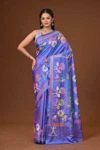 Blended Silk Kantha Stitch Saree Blue