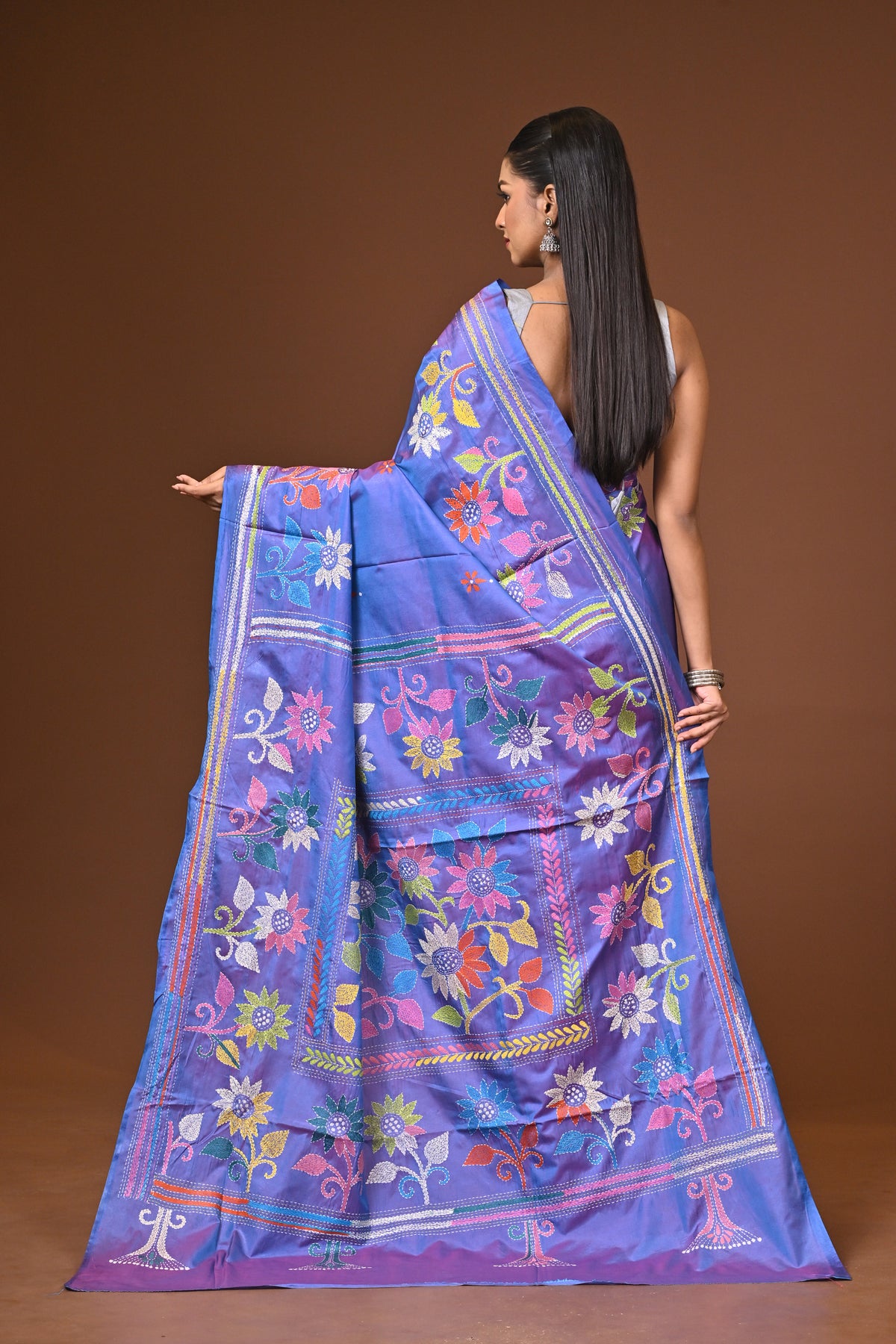 Blended Silk Kantha Stitch Saree Blue