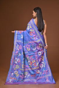 Blended Silk Kantha Stitch Saree Blue