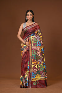 Blended Silk Kantha Stitch Saree Brown
