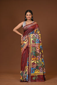 Blended Silk Kantha Stitch Saree Brown