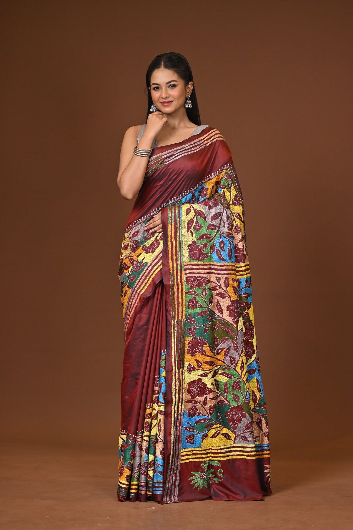 Blended Silk Kantha Stitch Saree Brown