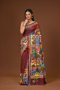 Blended Silk Kantha Stitch Saree Brown