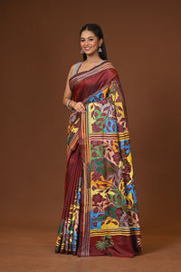 Blended Silk Kantha Stitch Saree Brown