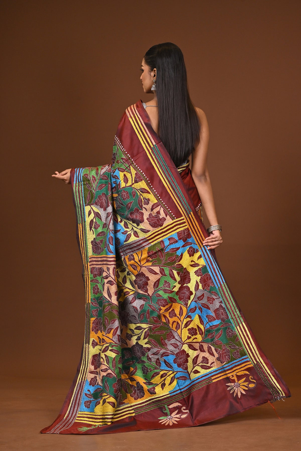 Blended Silk Kantha Stitch Saree Brown