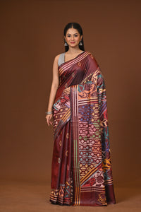 Blended Silk Kantha Stitch Saree Brown