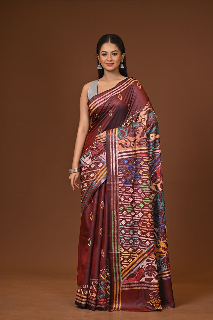 Blended Silk Kantha Stitch Saree