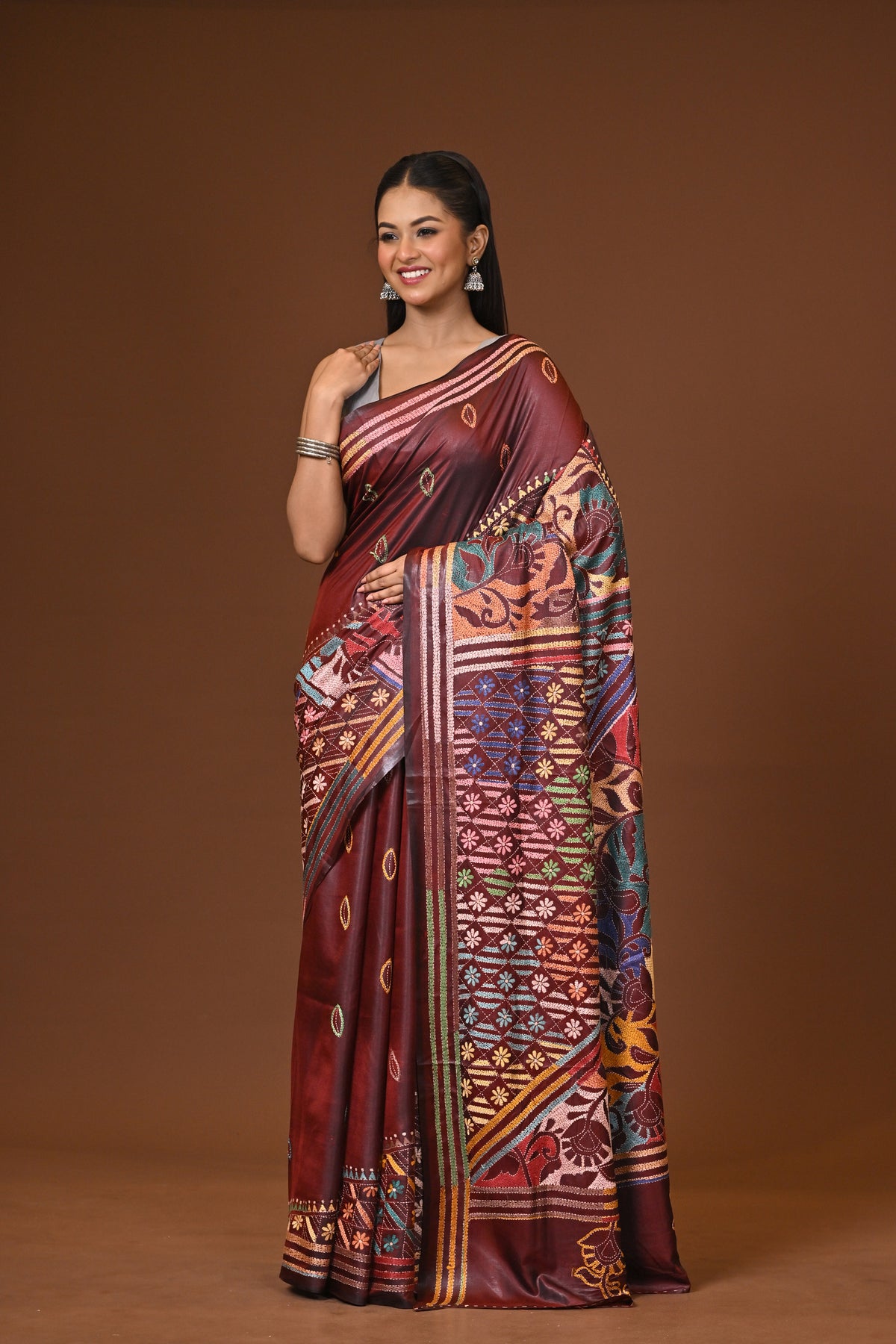Blended Silk Kantha Stitch Saree Brown