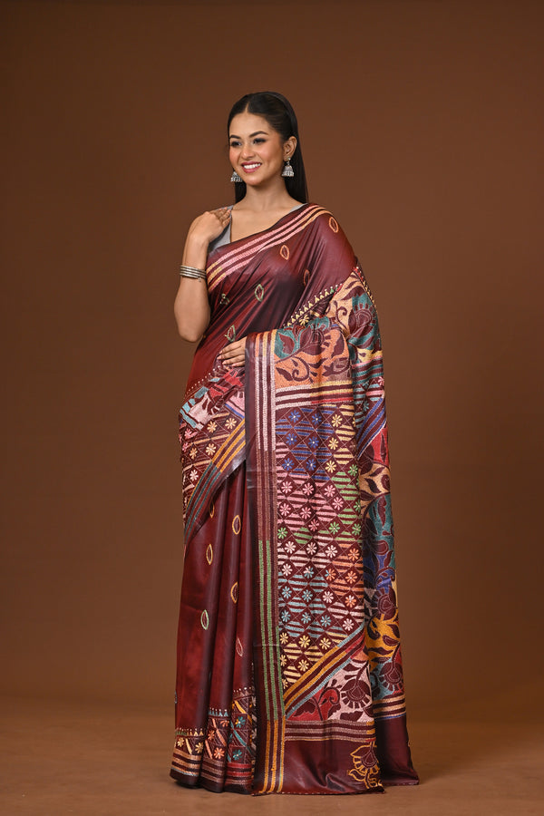 Blended Silk Kantha Stitch Saree
