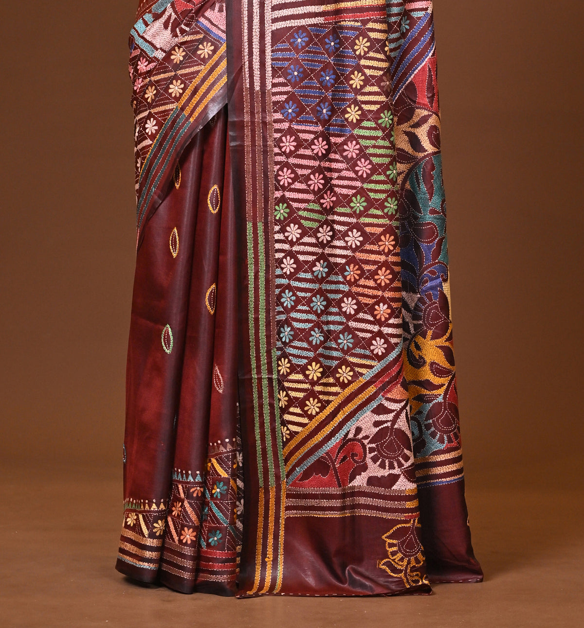 Blended Silk Kantha Stitch Saree Brown
