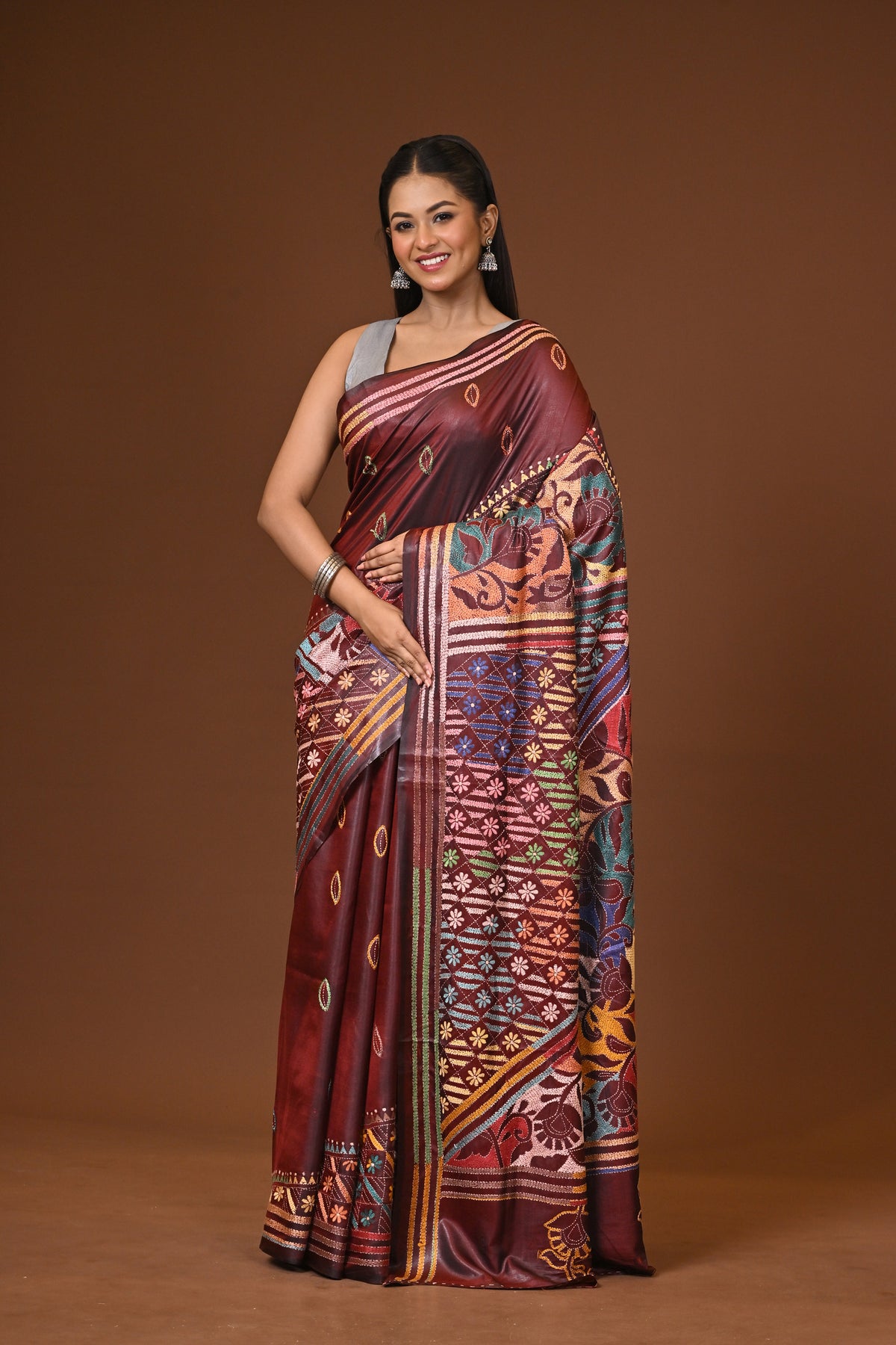 Blended Silk Kantha Stitch Saree Brown