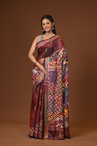 Blended Silk Kantha Stitch Saree Brown