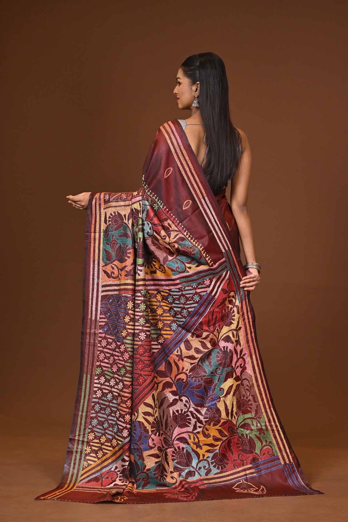 Blended Silk Kantha Stitch Saree Brown