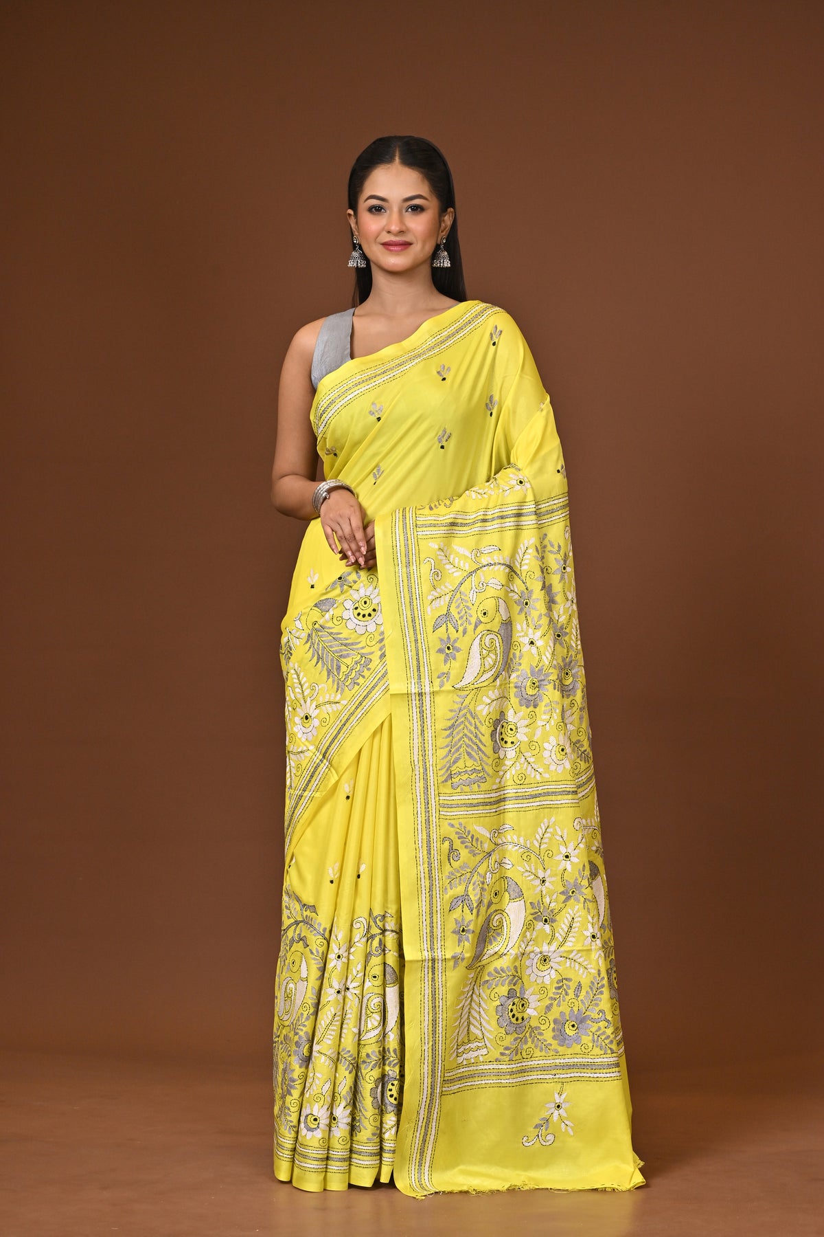 Blended Silk Kantha Stitch Saree Yellow