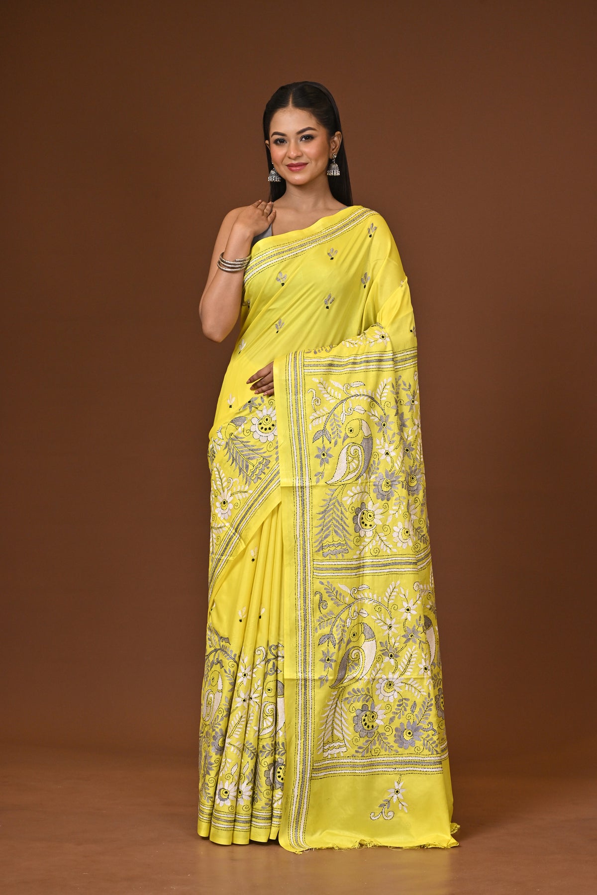 Blended Silk Kantha Stitch Saree Yellow