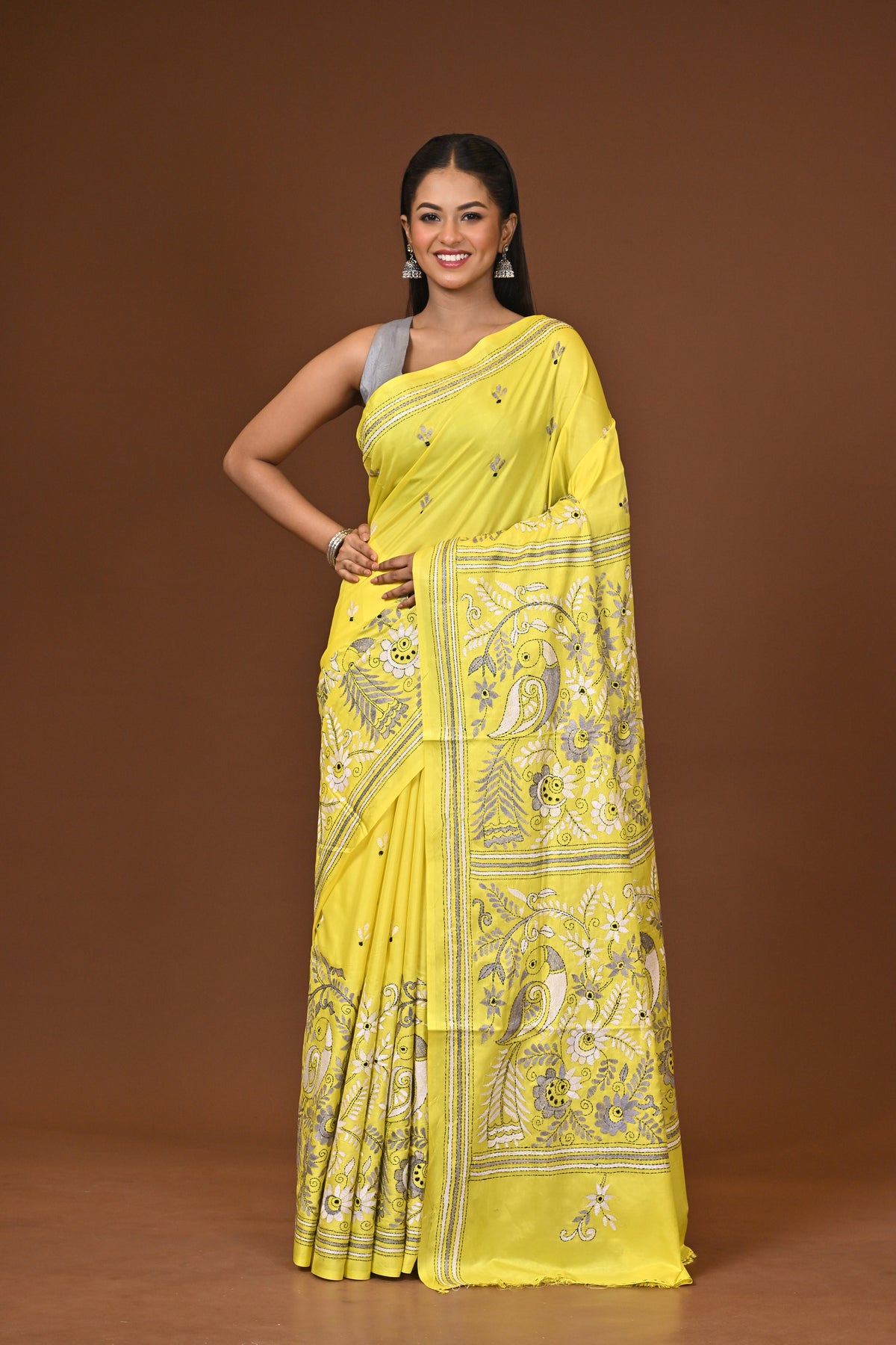 Blended Silk Kantha Stitch Saree Yellow