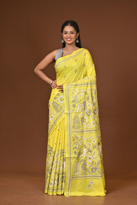 Blended Silk Kantha Stitch Saree Yellow