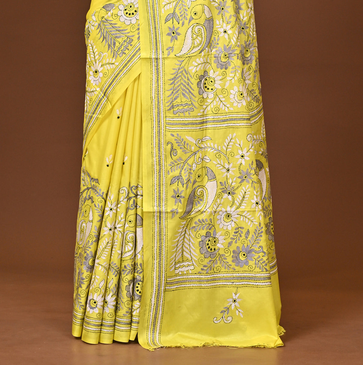 Blended Silk Kantha Stitch Saree Yellow