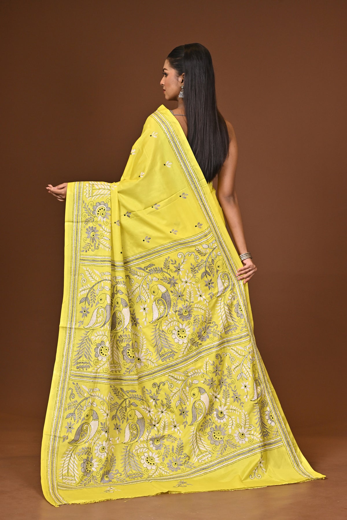 Blended Silk Kantha Stitch Saree Yellow