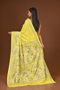 Blended Silk Kantha Stitch Saree Yellow