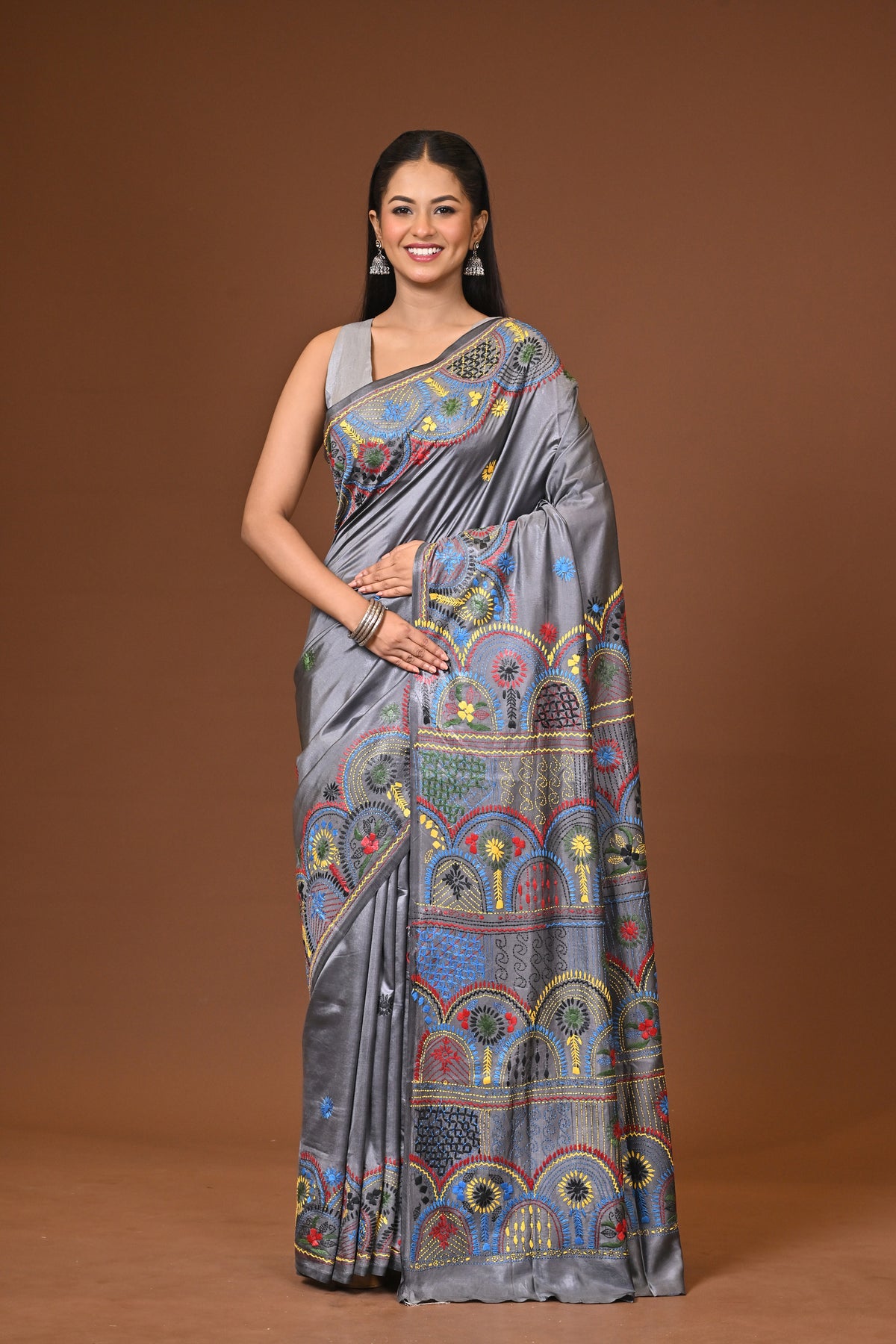 Blended Silk Kantha Stitch Saree Grey