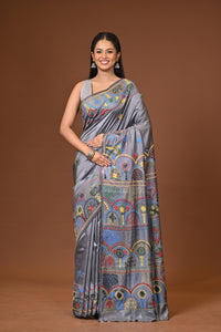 Blended Silk Kantha Stitch Saree Grey