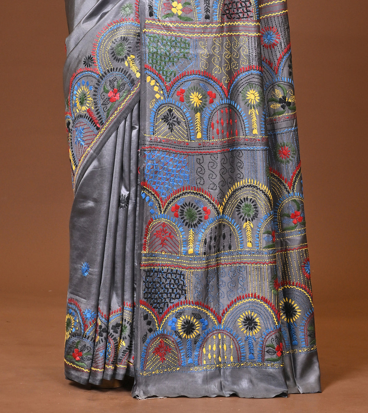 Blended Silk Kantha Stitch Saree Grey