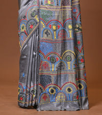 Blended Silk Kantha Stitch Saree Grey