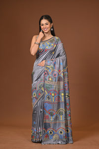 Blended Silk Kantha Stitch Saree Grey