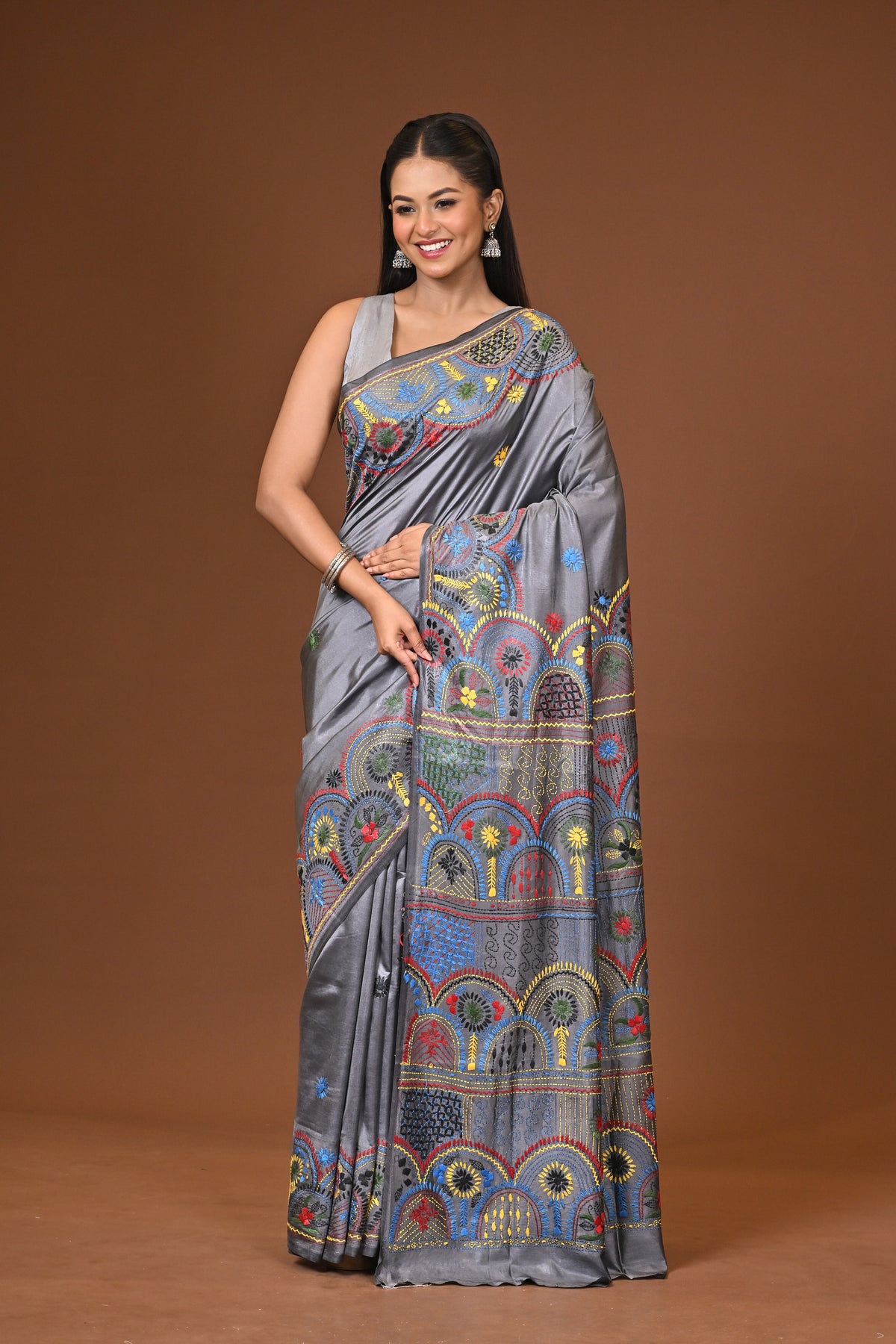 Blended Silk Kantha Stitch Saree Grey