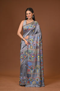 Blended Silk Kantha Stitch Saree Grey