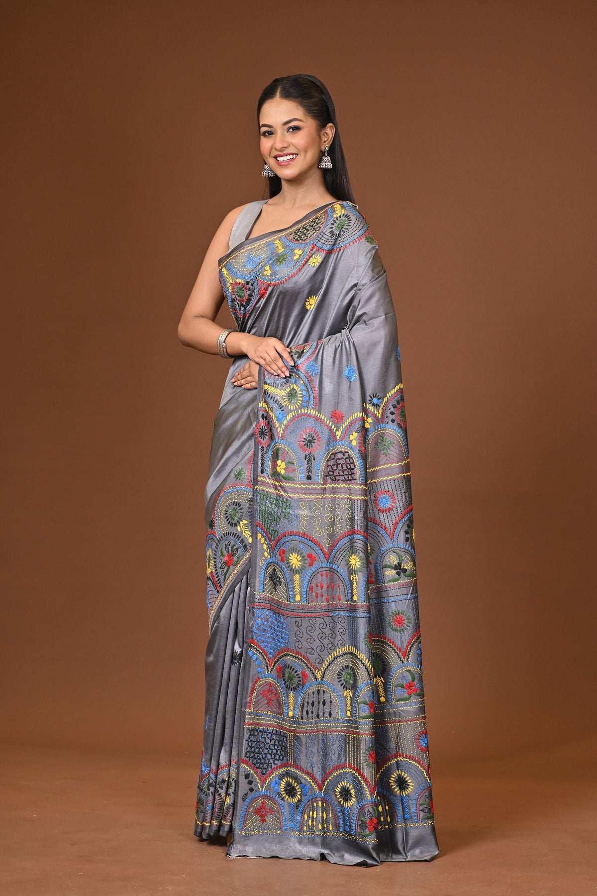 Blended Silk Kantha Stitch Saree Grey
