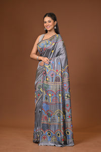 Blended Silk Kantha Stitch Saree Grey