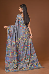 Blended Silk Kantha Stitch Saree Grey