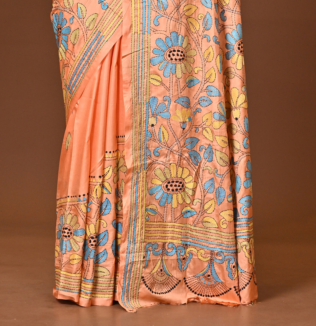 Blended Silk Kantha Stitch Saree Light Orange