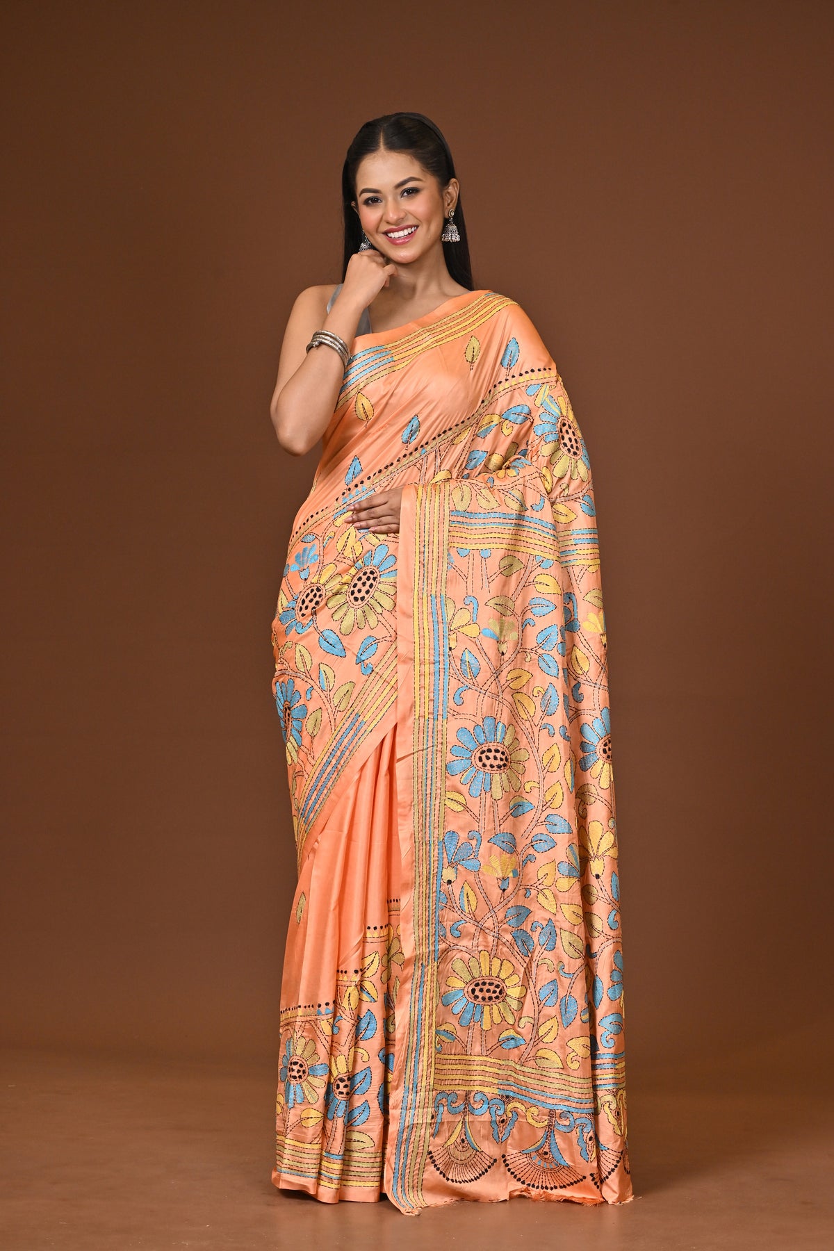 Blended Silk Kantha Stitch Saree Light Orange