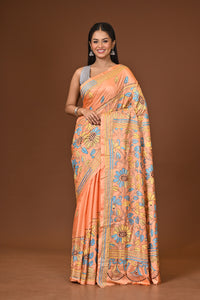 Blended Silk Kantha Stitch Saree Light Orange