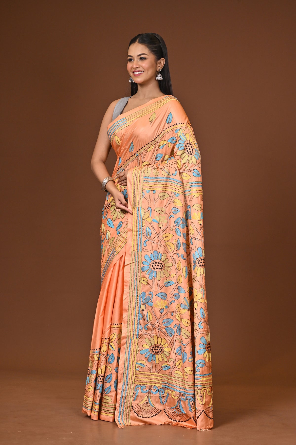 Blended Silk Kantha Stitch Saree Light Orange