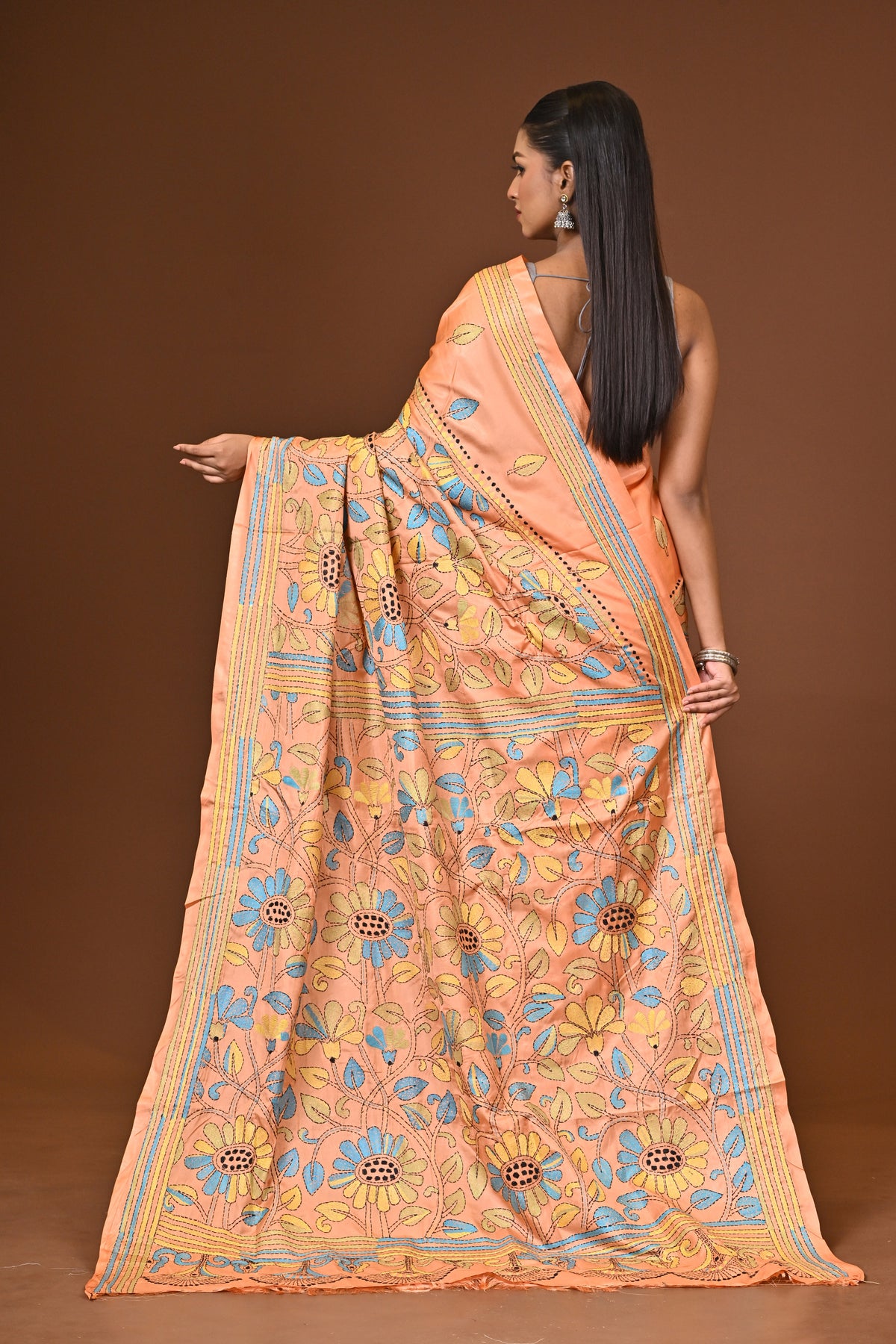 Blended Silk Kantha Stitch Saree Light Orange