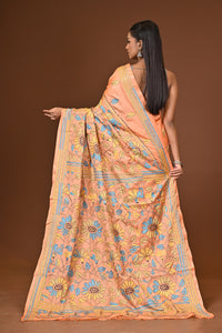 Blended Silk Kantha Stitch Saree Light Orange