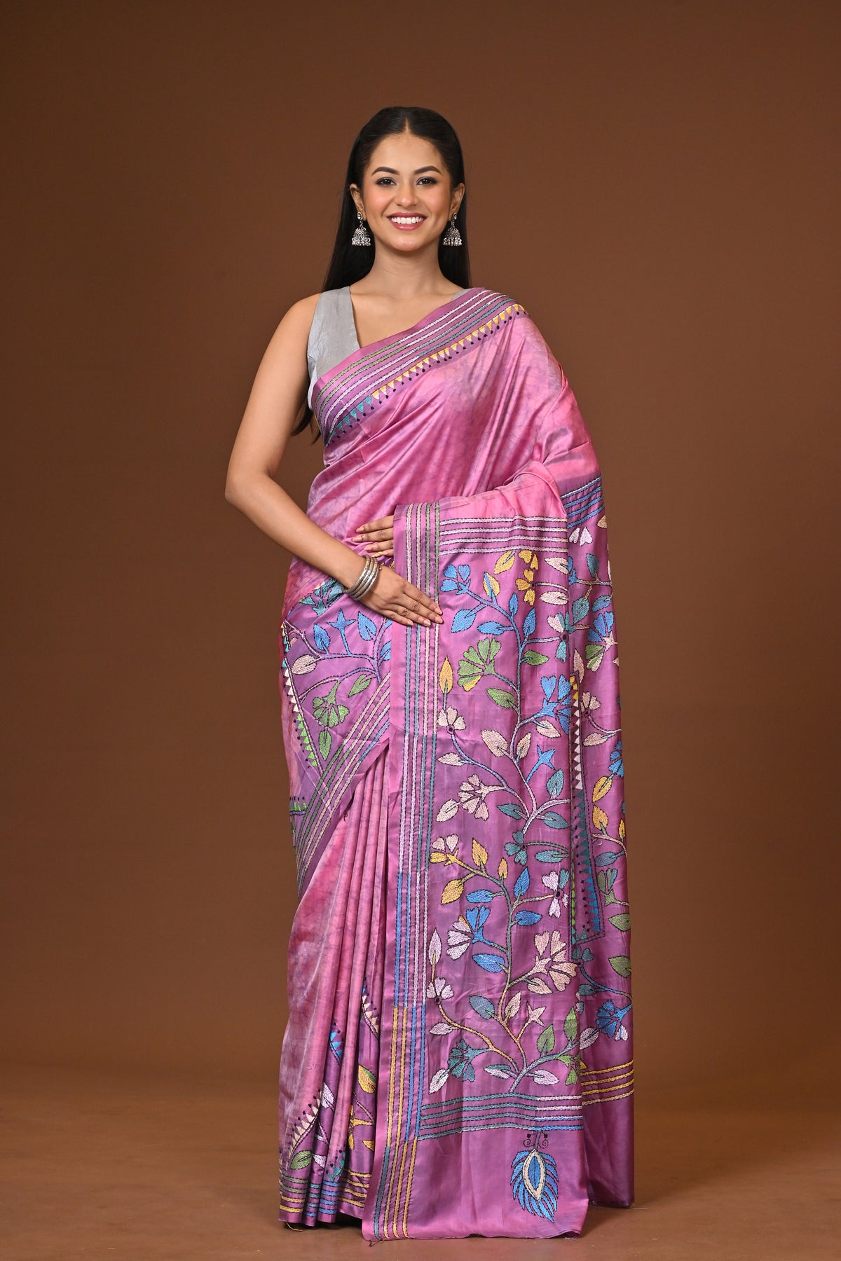 Blended Silk Kantha Stitch Saree Pink