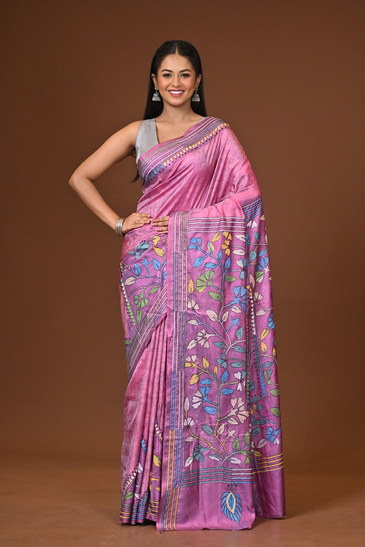 Blended Silk Kantha Stitch Saree Pink