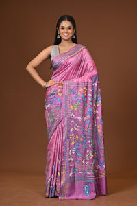 Blended Silk Kantha Stitch Saree Pink