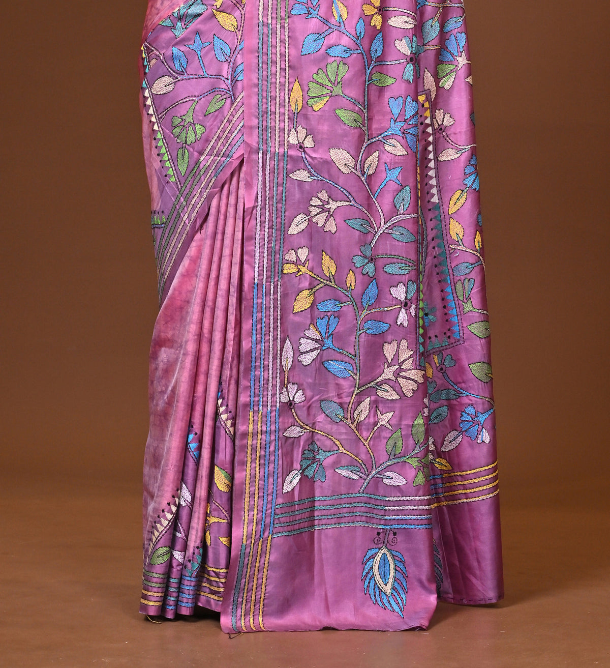 Blended Silk Kantha Stitch Saree Pink