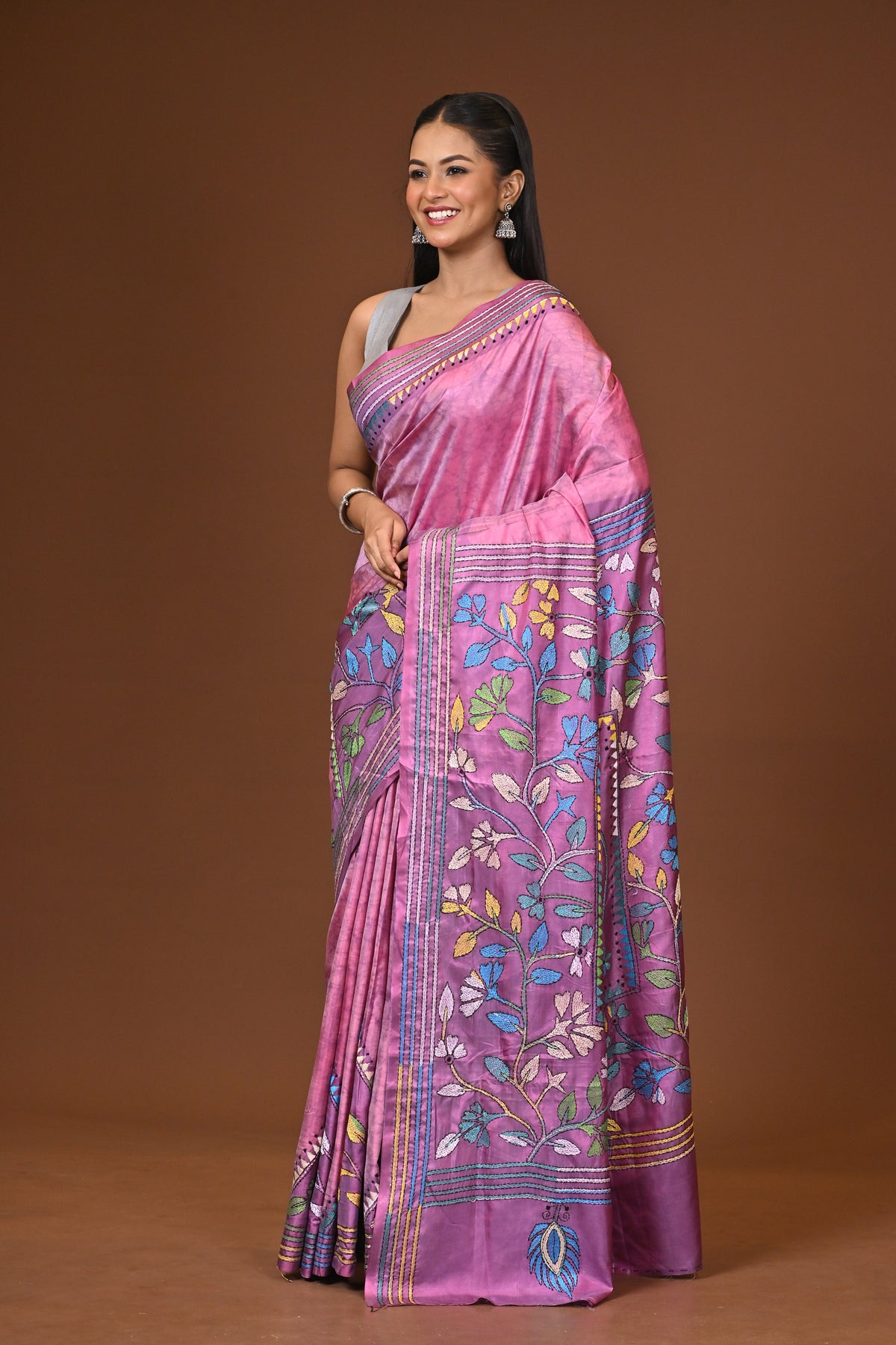 Blended Silk Kantha Stitch Saree Pink