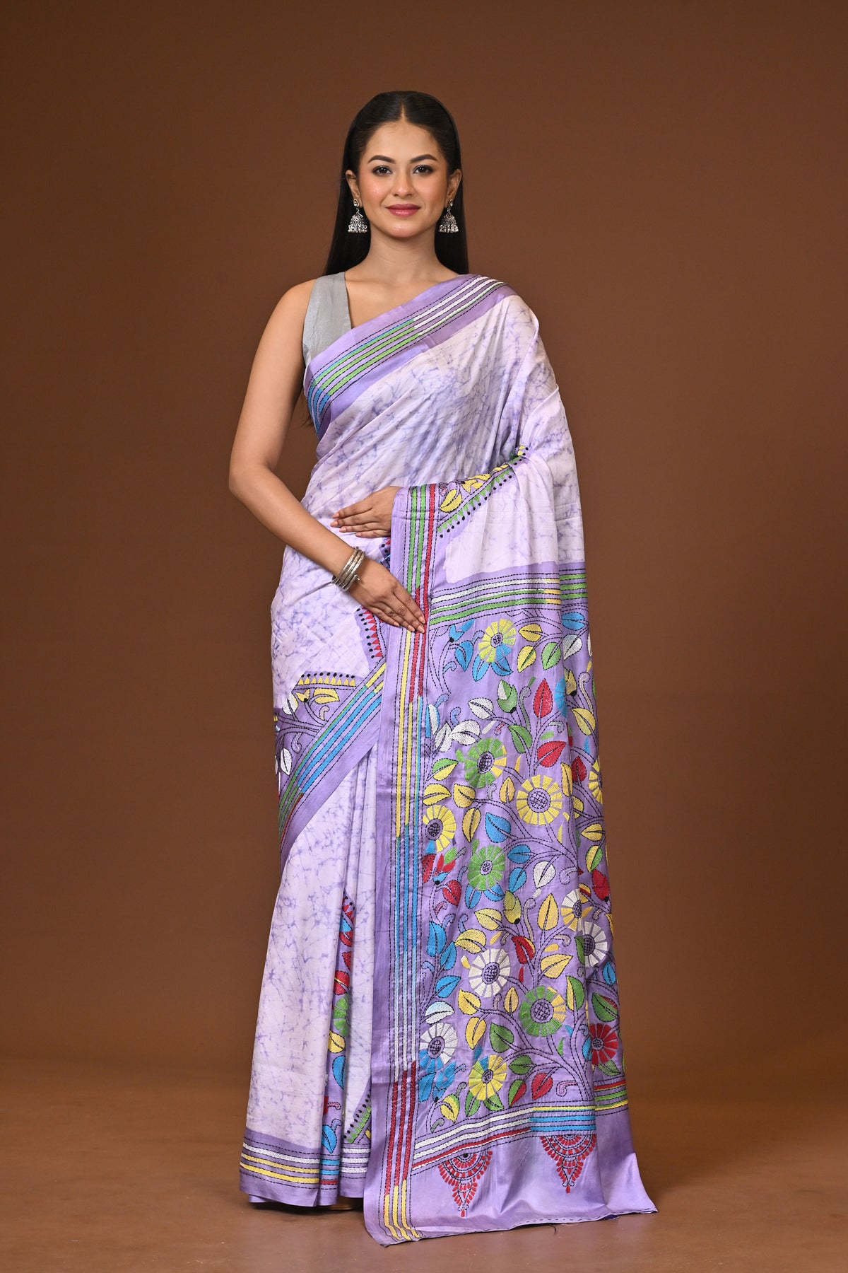 Blended Silk Kantha Stitch Saree Multicolor