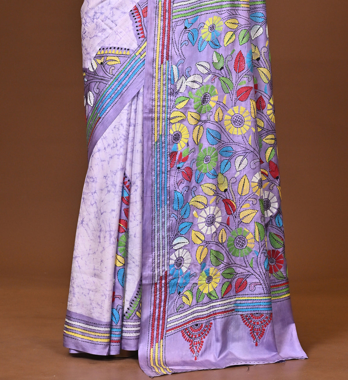 Blended Silk Kantha Stitch Saree Multicolor