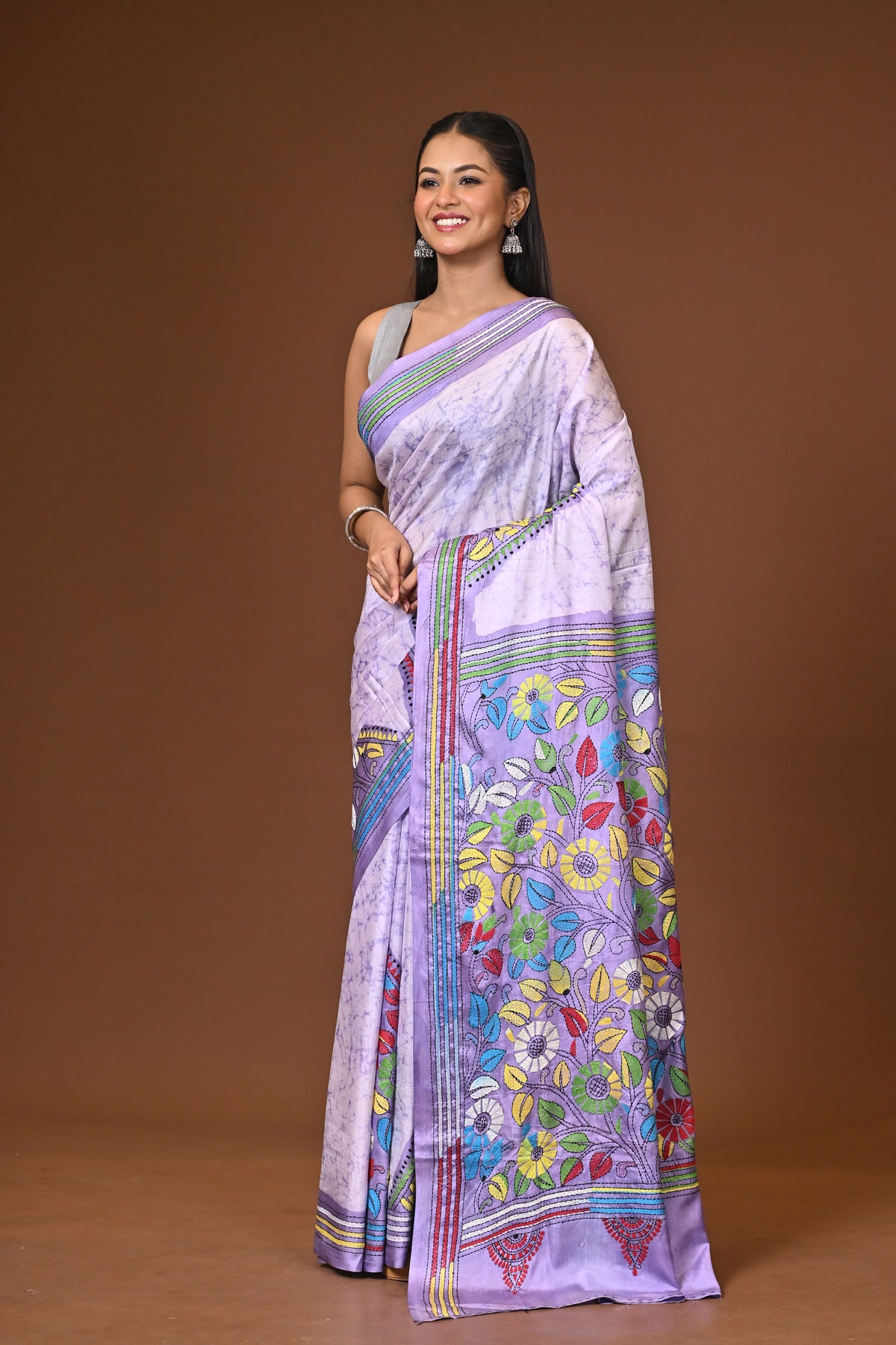 Blended Silk Kantha Stitch Saree Multicolor