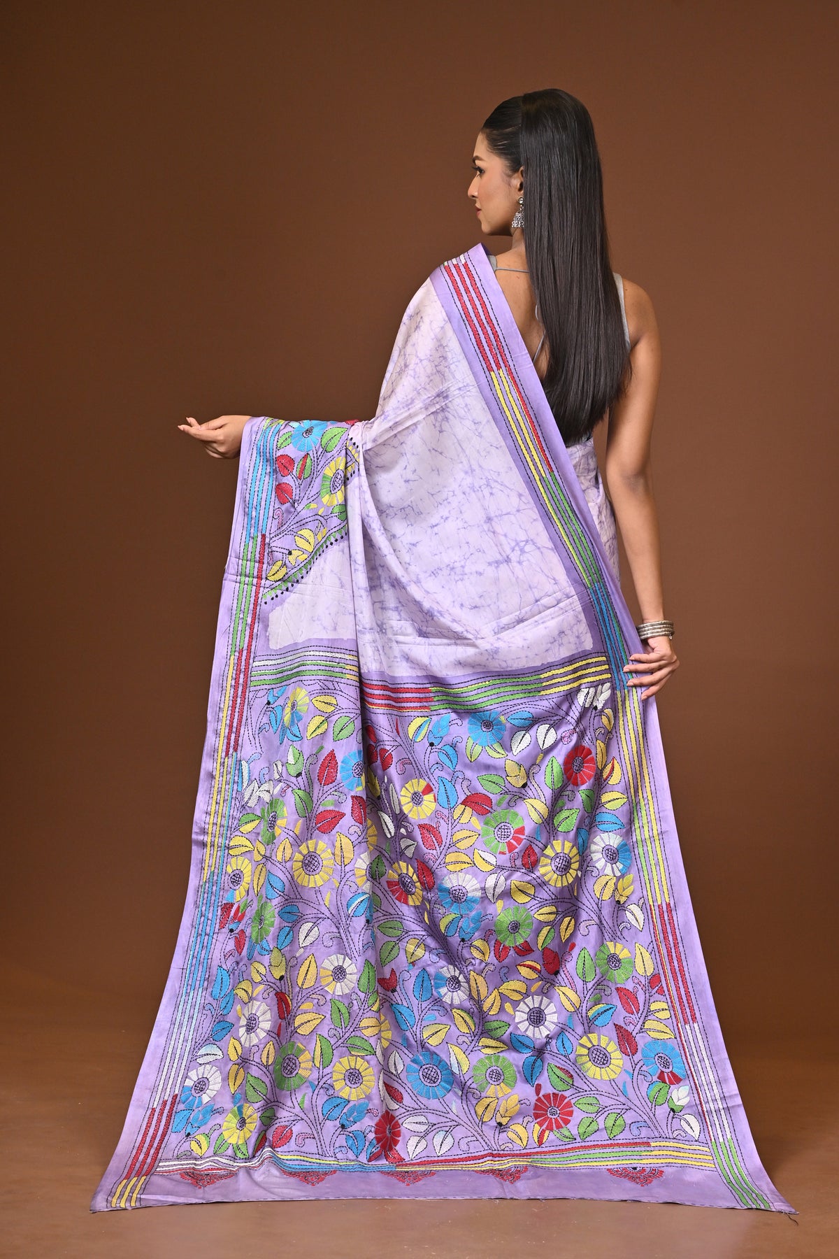 Blended Silk Kantha Stitch Saree Multicolor