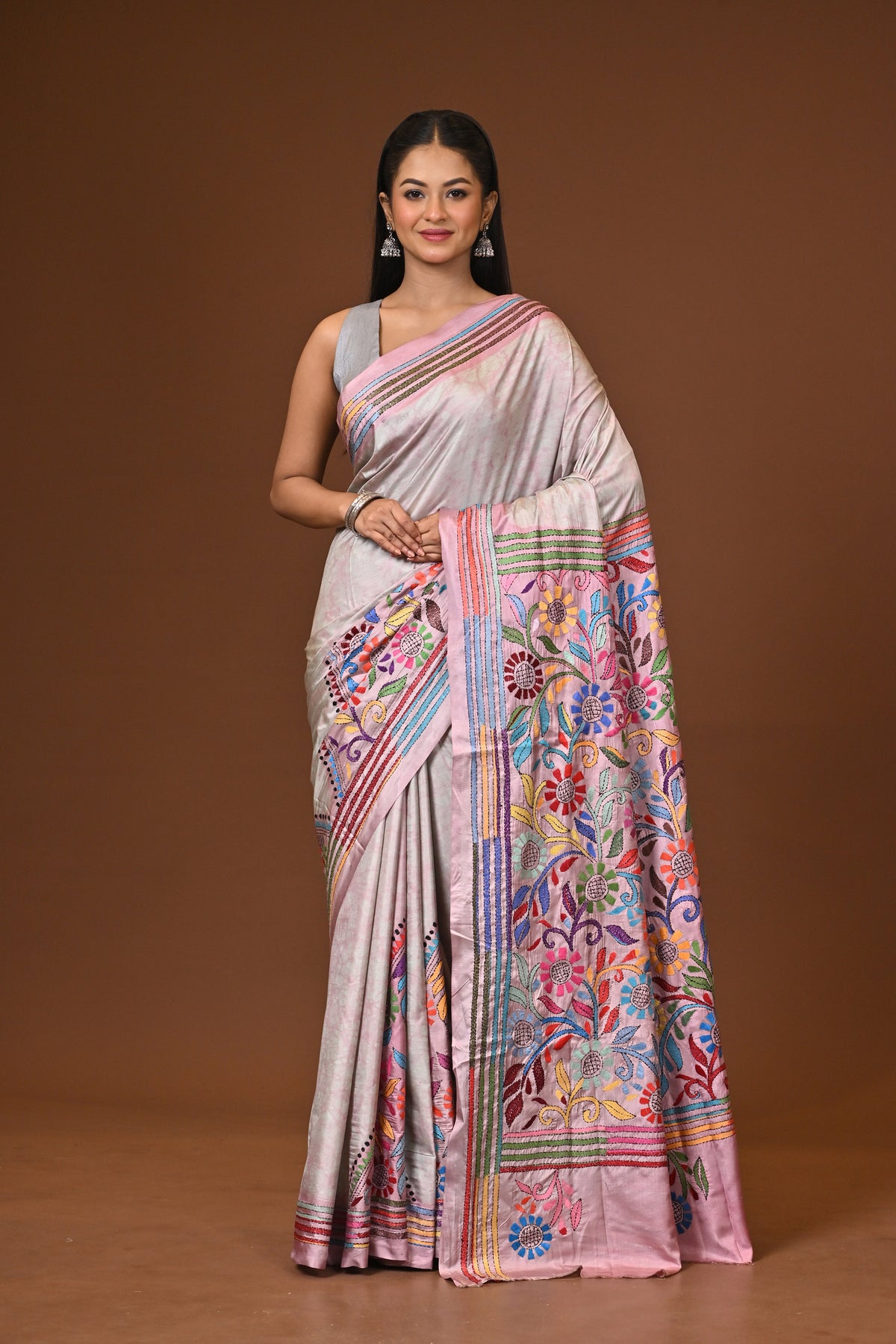 Blended Silk Kantha Stitch Saree Multicolor